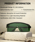Heavy Duty Laser Safety Glasses With Ipl 200Nm To 2000Nm Broad Spectrum Eye Armor, green safety eyewear on display.