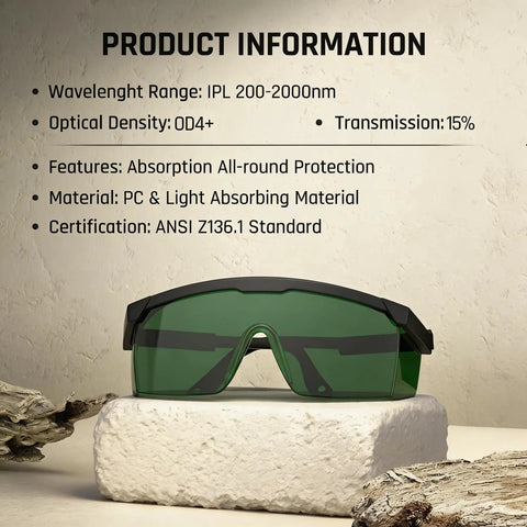 Heavy Duty Laser Safety Glasses With Ipl 200Nm To 2000Nm Broad Spectrum Eye Armor, green safety eyewear on display.