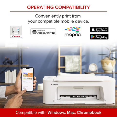 All In One Wireless Printer For Home Use With Easy Setup And Fast Print Speeds Print Copy Scan In One Compact White Unit shown with phone