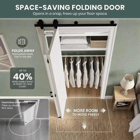 60 By 84 Inch Bifold Barn Door Kit With H Shape Hardware For Tight Squeezes shown in use, folding neatly to save space in closet.