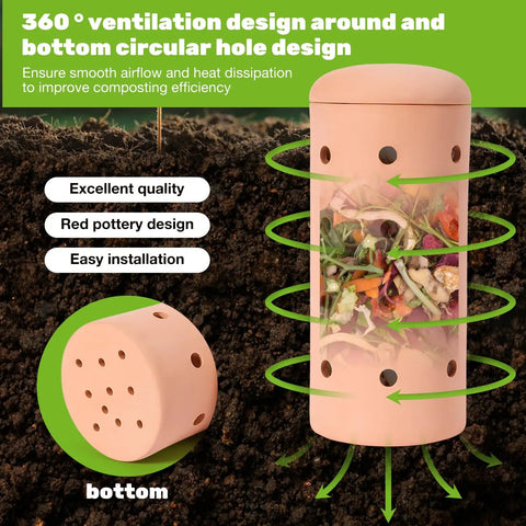 Front view of a red pottery Underground Worm Composting Bin 10 Inch For Outdoors Easy To Use For Beginners. Features ventilation holes.