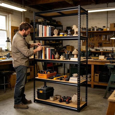 Top Shelf Heavy Duty Five Tier Garage Storage Rack With Adjustable Steel Uprights And Durable MDF Boards Delivering Two Thousand Pounds for workshop gear in use.