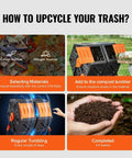 Steps to use Rotating Compost Tumbler Bin, 18.5 Gal Capacity, showing material selection, adding waste, regular tumbling, compost.