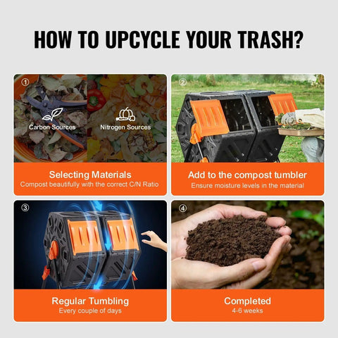 Steps to use Rotating Compost Tumbler Bin, 18.5 Gal Capacity, showing material selection, adding waste, regular tumbling, compost.