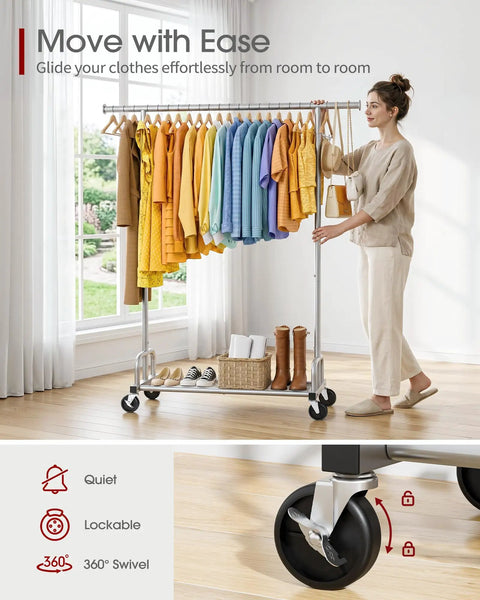 Heavy Duty Metal Clothes Rack With Sure Grip Lockable Wheels, Extendable Rod To Max Out Your Storage, Holds Every Fit You Own, Sleek Silver Design Keeps Small Bedrooms Or Entryways Clutter Free, featuring clothes and lockable wheels.