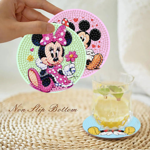 8 Piece Cartoon Diamond Painting Coaster Set With Holder, showing colorful coasters featuring cartoon characters for home decor.