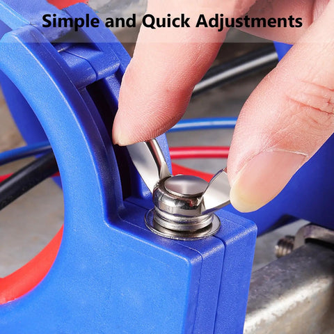 Rugged Cable Pulling Guide Roller With Adjustable Clamp For Safe And Easy Wire Installation Tasks High Tensile Strength Roller With 25 Kg Load Capacity Ideal For Electricians And DIY Pros, blue nylon and stainless roller being adjusted by hand