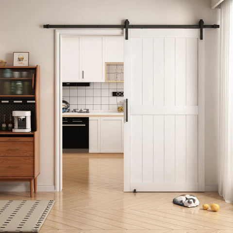 White 30X84 Inches Sliding Barn Door Smooth Rail System Floor Guide H-Frame Hardware Kit Waterproof PVC Surface in living space.