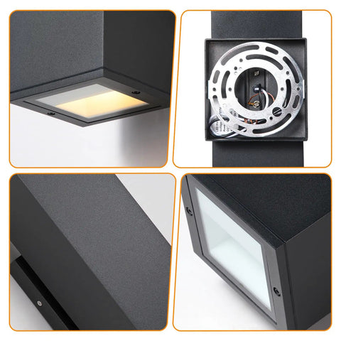 Top Shelf Dimmable Wall Sconces Slick Modern Square Aluminum Fixtures For Indoor Outdoor Up Down Led Glow 12 Watt 2700K Waterproof close-up view of matte black wall sconce.