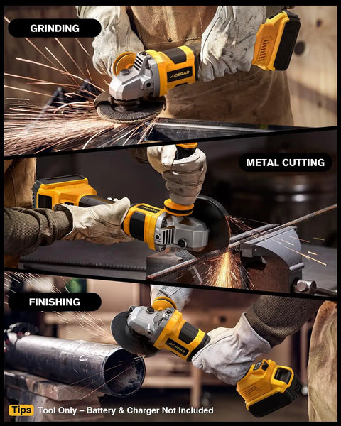 Tough As Nails Five Inch Cordless Angle Grinder Built For 20 Volt Battery Packs With Zero Fluff Heavy Duty Brushless Motor in action for grinding, cutting metal, and finishing.