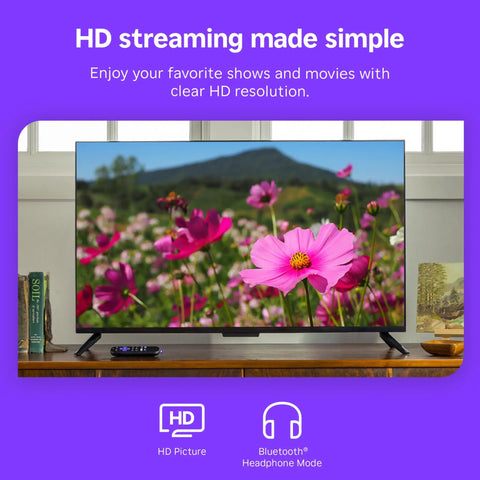 Next Level HD Media Stick Player With Clutch Voice Remote displaying vibrant HD flowers on TV for seamless viewing.