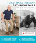 Sturdy Toilet Safety Rails For Seniors Offering Beefy Support With Plush Arm Grips And Solid Footrest Makes Daily Standing Easy Up To 300 Lbs Fits Standard Toilets Naturally With Quick Detachable Setup For Zero Hassle Independence, showing a senior using the rail.