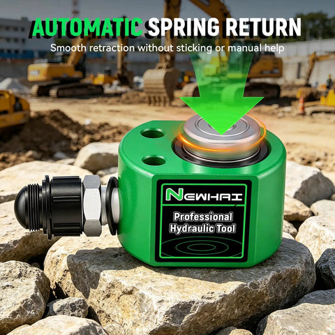 20 Ton Low Profile Hydraulic Cylinder Jack Paired With CP180 High Output Pump For Super Tight Clearance And Badass Shop Grade Heavy Duty Auto Repair Projects, close-up view of green hydraulic tool on rocks.