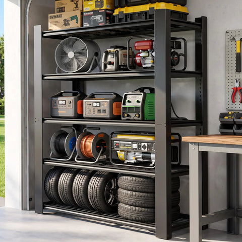 No Fuss Heavy Duty Five Tier Garage Shelving Unit Built Like A Tank Steel Storage Rack 72 X 48 X 24 Inches with tools and tires organized.