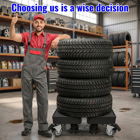 Heavy Duty Tire Dolly With 500 Lb Load Capacity And Smooth Rolling Garage Storage Rack with stacked tires and worker in garage.