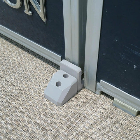 Close-up of Two-Pack Pontoon Gate Stop and Keeper Kit With Heavy-Duty Marine-Grade 304 Stainless Hardware for square frames, grey.