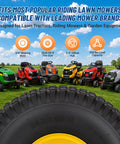 Rear Lawn Mower Tire And Wheel Assembly 2 Pack 20x8 Tubeless 4 Ply Pre Mounted Kit with compatible riding mowers on a lawn.