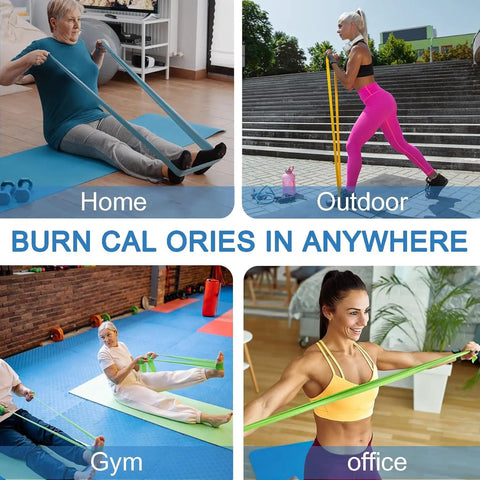 Image showing diverse individuals using Color Coded Resistance Bands For Intense Workouts Physical Therapy Gym Strength Training Muscle Recovery Built For Pilates Yoga Beginners With Five Progressive Tension Levels To Crush Every Legit Fitness Goal in various settings.