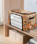 Game Changing Foldable Storage Tote With Clear Front Window And Dual Zipper Access For Quick Grabbing Steel Reinforced Base on a shelf with seasonal decor