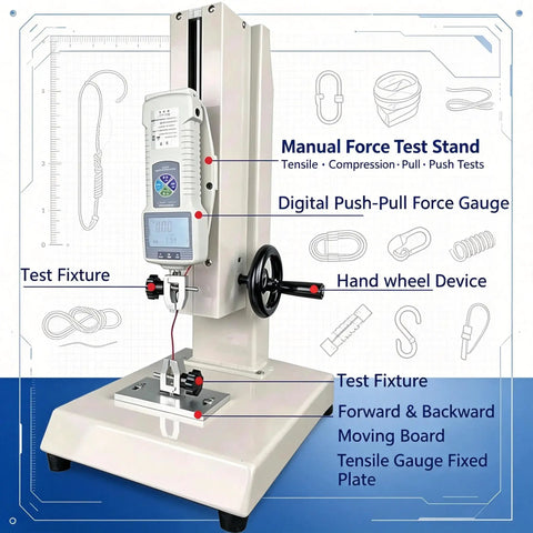 Wheel Operated Push Pull Force Gauge Test Stand, Built Tough Two In One Tension And Compression Rig With Crisp Linear Scale, showing manual test setup.
