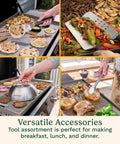 24 Piece Griddle Tool Set With Storage Tote Stainless Steel Flat Top Grill Accessories in use for cooking breakfast and dinner