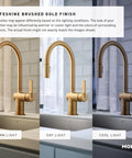 Three views of Voss Brushed Gold Diverter Tub Spout With Half Inch Slip Fit Connection showcasing warm, day, and cool light finishes.