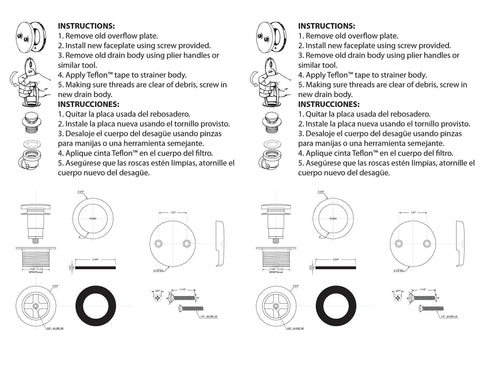 Instructions for Solid Build Tip Toe Bathtub Drain Plug Trim Set With Two Hole Overflow Faceplate Oil Rubbed Bronze Finish 50 Pack.