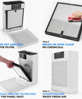 Dead Quiet Smart Air Purifier For Home serving step-by-step cleaning process with filter removal and reinstallation.