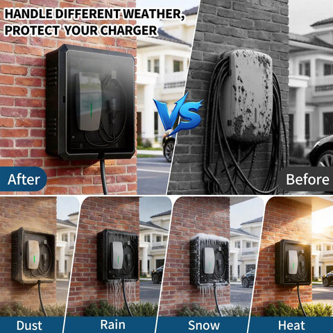 Heavy Duty Outdoor Electric Charger Lock Enclosure Wall Mount Protective Housing For Tesla And All Plug In Vehicle Stations With Multiple Cable Grommets Weatherproof Badass Top Shelf Secure Cover 23X19X10 Inches in comparison between before and after use, showing protection from various weather conditions.