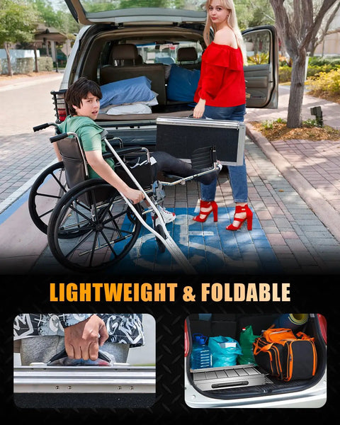 Premium 4 Foot Portable Wheelchair Ramp For Home Steps Features Non Slip Grip Built Tough, shown being loaded into a vehicle.