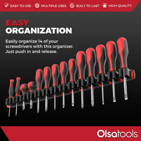 Premium Wall Mount Screwdriver Organizer With Red Nylon Body And Neon Green Clips Holds 14 Screwdrivers In Garage