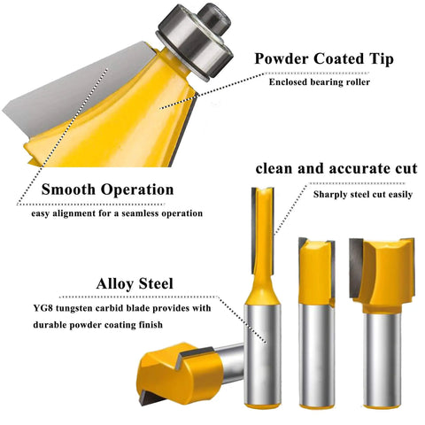 Close-up of 43 Piece Router Bit Set With Half Inch Shank For Panel And Cabinet Doors Woodworking Carbide Groove And Tongue Milling Tools