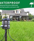 Tough As Nails 24 Hour Mechanical Outdoor Timer With Six Grounded Outlets and Six Foot Extension Cord in rain-soaked lawn.