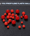 25 Piece Set Polypropylene Bearing Balls 14mm Red Plastic Rollers G2 Precision Frosted Finish scattered on dark background.