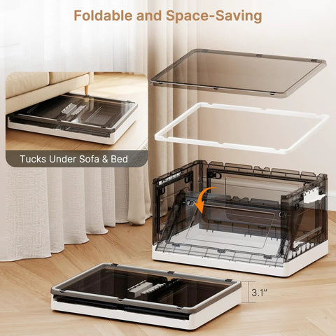 Hella Spacious Clear Stackable Storage Bins Three Pack With Lids And Rolling Wheels Collapsible Containers, foldable and space-saving design.