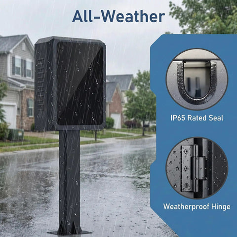 Heavy Duty Outdoor EV Charger Cover With Waterproof Lockable Shell And Worry Free Mount Base For NACS J1772 Plugs in rain with IP65 seal.