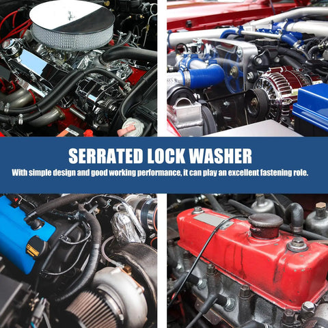 Collage showing various engine components, highlighting Internal Tooth Locking Washers Set For Quick Clamping And Pro Grade Heavy Duty Fasteners.