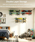 Super Slick Horizontal Skateboard Wall Mount Rack For All Board Types Features Six Tier Deck Holder For Longboards Cruisers And Surfboards Easy Garage Organization Setup in stylish home setting.