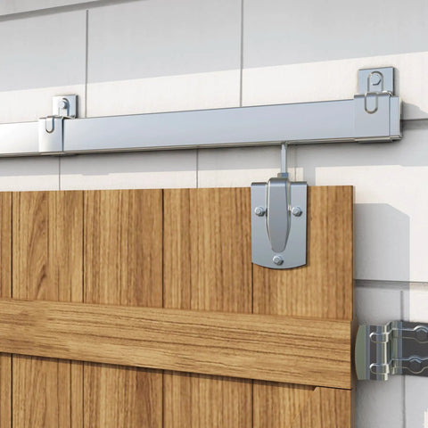 Premium 24ft Heavy Duty Galvanized Steel Exterior Sliding Barn Door Hardware Kit Featuring Rust Free Track Rollers on wood barn door.