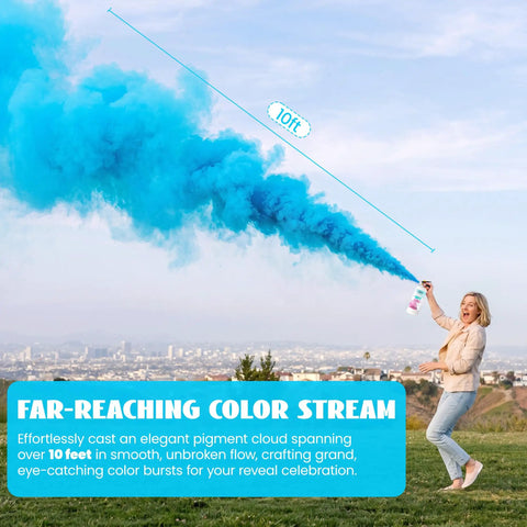 Epic Giant Gender Reveal Fire Extinguisher Pack With Blue Smoke Bombs creating a 10ft blue color cloud during celebration.