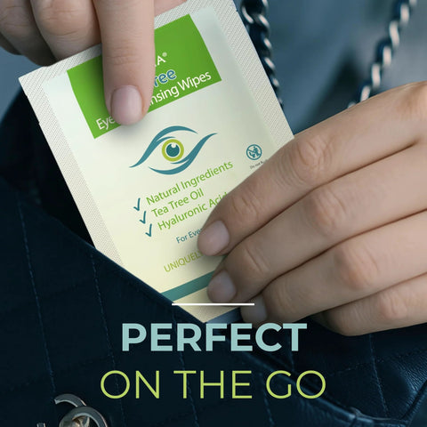 Tea Tree Oil Eyelid and Lash Wipes packet with individually wrapped wipes in green and white packaging