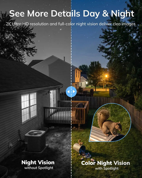 Rugged 2K Wireless Solar Security Camera For Outdoor Home Monitoring Powers Up With A Heavy Duty 5000mAh Battery image comparing night vision and color night vision.
