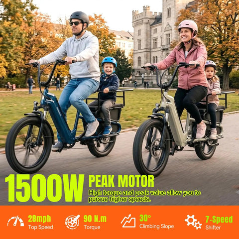 Family riding 1500W peak motor electric bikes with child seats, 20 inch fat tires, 48V battery, step through frame.