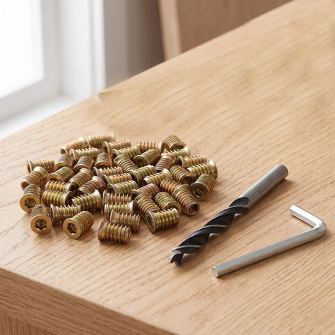 Solid Wood Threaded Insert Nuts Set Including Hex Wrench For Super Easy Furniture Repair And DIY Home Fixes With Quick Grip Installation, brass inserts and drill bit