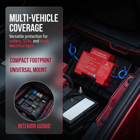 Compact Automatic Car Fire Extinguisher With Quick Aerosol Blast For Instant Emergency Road Safety and Slick Center Console Stash in vehicle electrical bay.