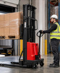Heavy Duty Semi Electric Pallet Stacker High Lift Pallet Jack Boasts 3500 Lbs Capacity And 95 Inch Reach in use with stacked boxes.