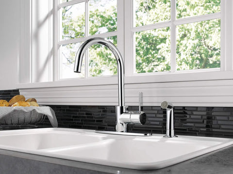 Precept Single-Handle Kitchen Faucet With Side Sprayer In Chrome, 360 Degree Swivel, Fits 1, 2, Or 3-Hole Setups, Deck Plate Included