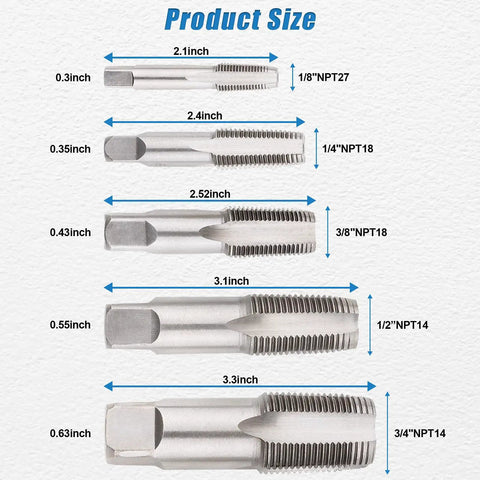 Diagram of Five Piece NPT Pipe Tap Set With Sizes One Eighth Inch Through Three Quarters Inch Carbon Steel Hand Threading Tool