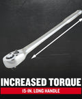 Long Handle 1/2 Inch Drive Ratchet For Pro Grade Heavy Duty Auto Repair And Shop Projects displayed on black background