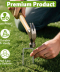 Heavy Duty 12 Inch Galvanized Landscape Staples being hammered into grass, focusing on durability and rust-proof features